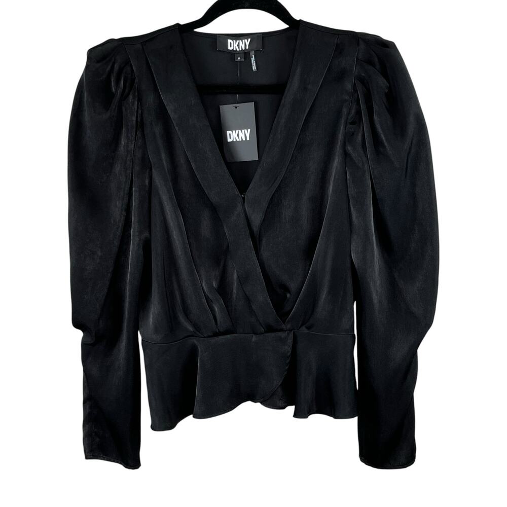 DKNY Black Satin Peplum Blouse V-Neck Long Puff Sleeve Evening Party XS NWT - Picture 2 of 13